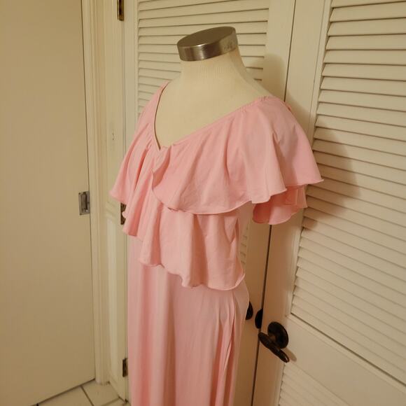 Pink Ruffle Maxi Dress Off Shoulder V Neck Stretchy Gown Size Medium - Picture 2 of 8
